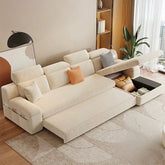 Velvety L-shaped sofa bed in off white with high backrest – convertible sofa bed, sofa cum bed design